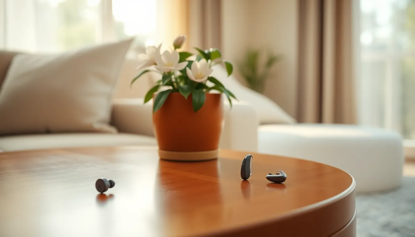 보청기를 착용한 노부부가 편안하게 대화하는 모습