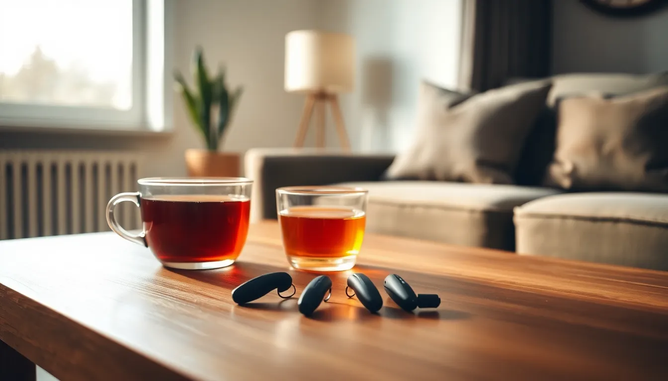 보청기를 착용한 노부부가 편안하게 대화하는 모습