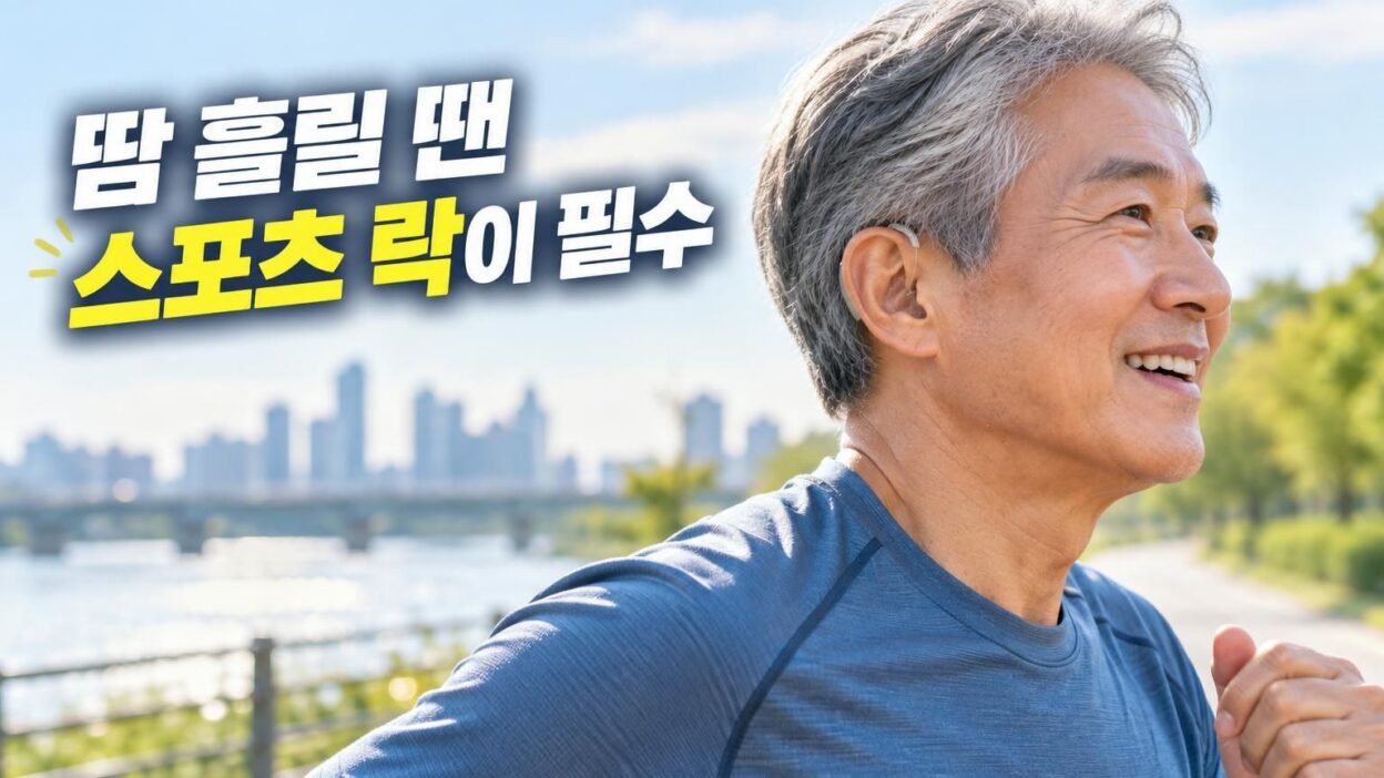 운동 중 귀 뒤에 안정적으로 고정된 오픈형 보청기와 스포츠 락