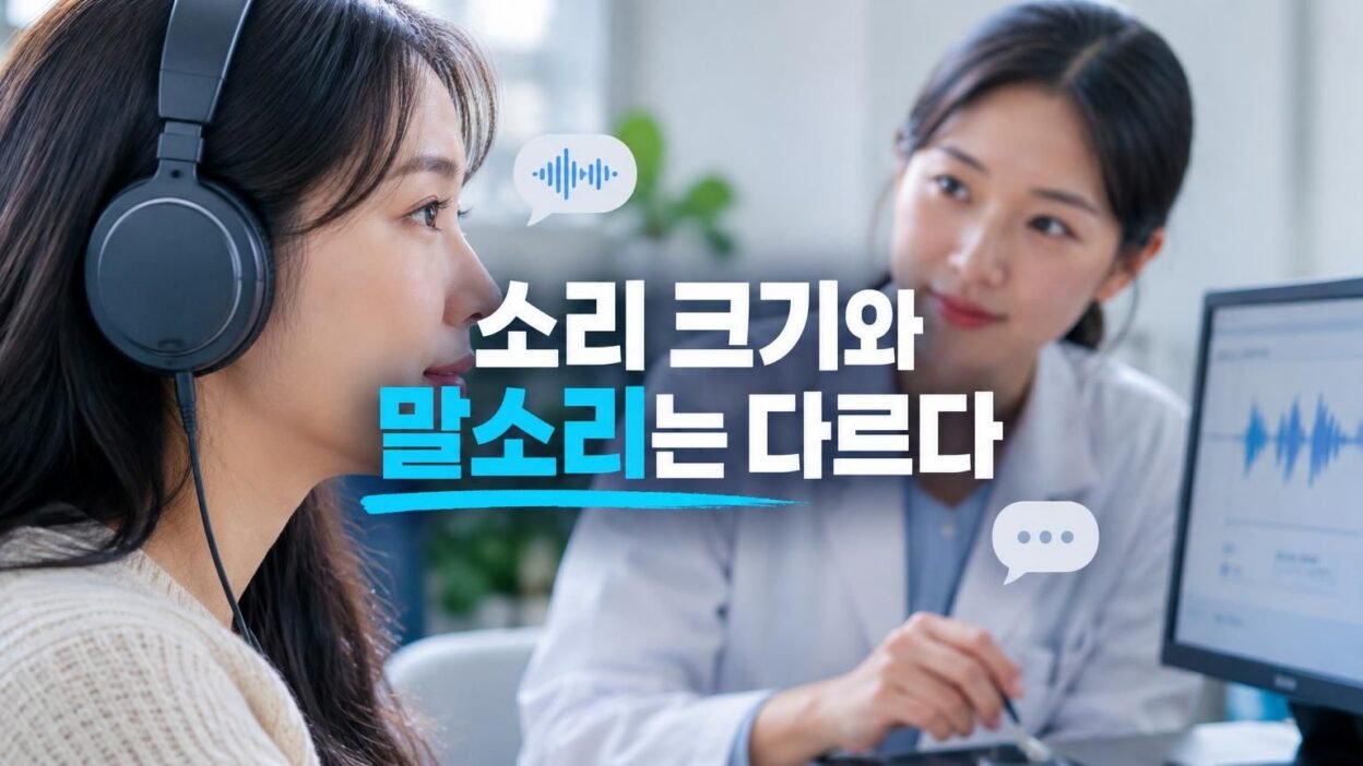 청력검사 결과표와 헤드폰을 착용하고 어음명료도 검사를 받는 모습
