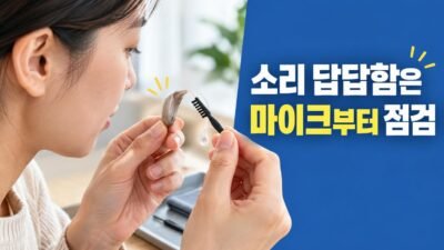 보청기 마이크 청소용 브러시와 보청기 외관 점검 장면