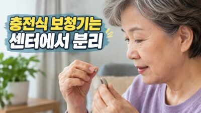 보청기 배터리를 분리하여 폐건전지 전용 수거함에 안전하게 배출하는 모습