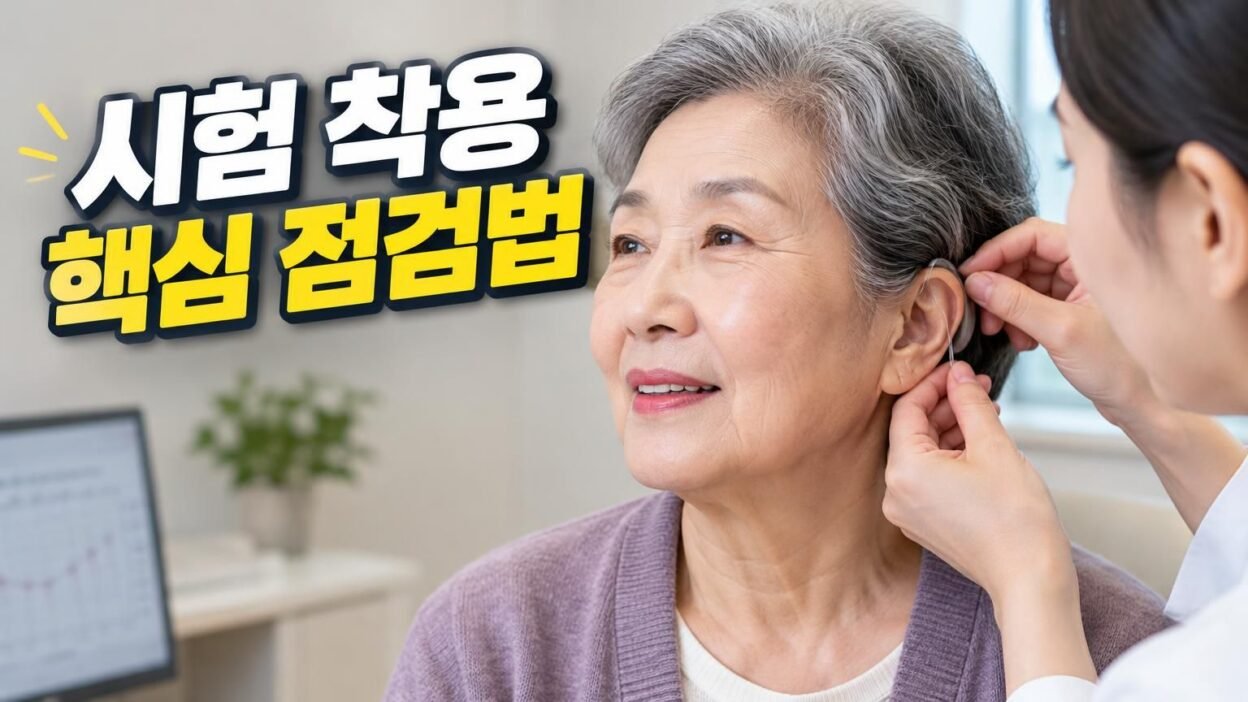 보청기를 귀에 착용하고 소리를 확인하는 모습