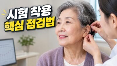 보청기를 귀에 착용하고 소리를 확인하는 모습