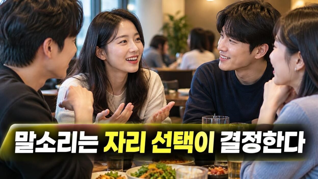 식당 테이블에 여러 사람이 둘러앉아 대화하는 모습