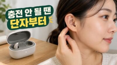 충전식 보청기를 전용 충전기에 꽂아두고 상태를 확인하는 모습