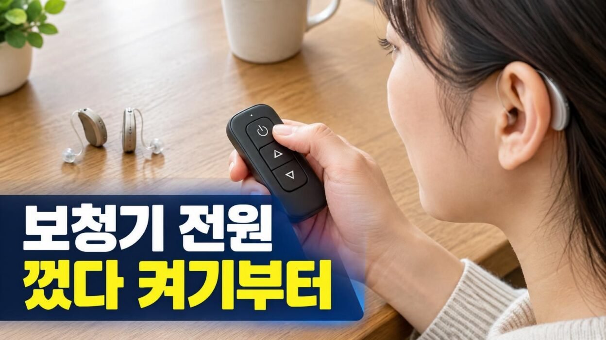 테이블 위에 놓인 보청기와 전용 무선 리모컨