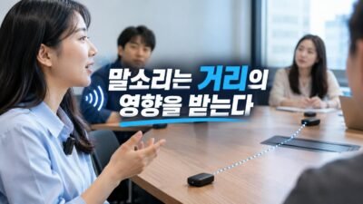 회의실 테이블 위에 놓인 보청기 무선 원격 마이크 액세서리